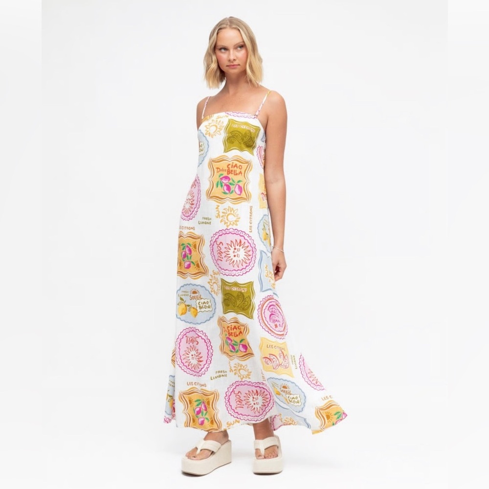Paper Heart Amalfi Coast Coastal Icon Chic Les Citrons Maxi Linen Dress XS NWT